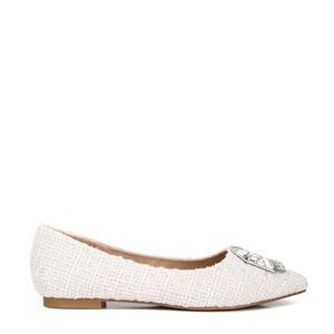 London Rag Women's Embellished Jewel Buckle Tweed Ballet Flats Off-white